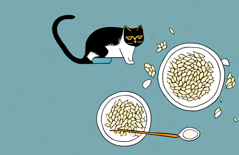 A cat eating a bowl of barley