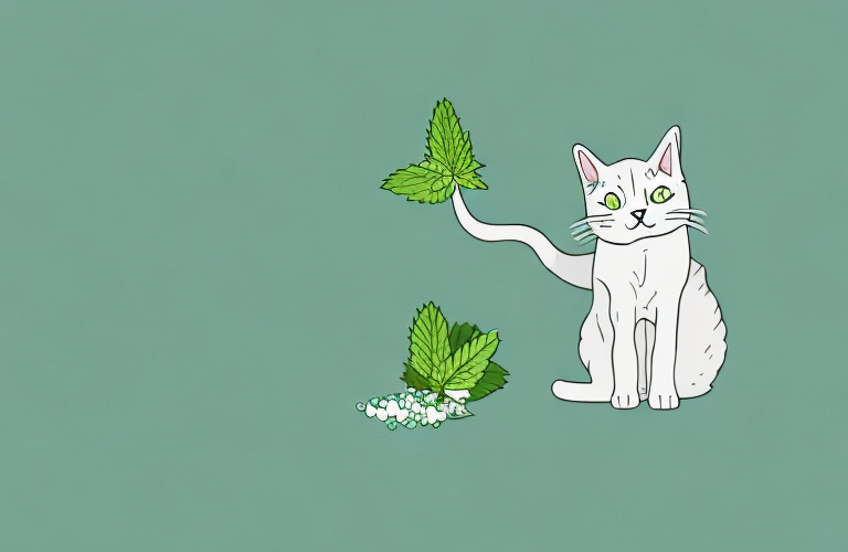 A cat eating a mint leaf