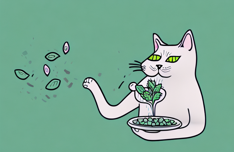 A cat eating a sprig of mint