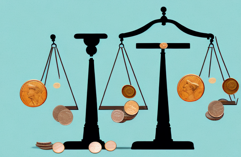 A balance scale with coins of different sizes on each side to represent unequal pay