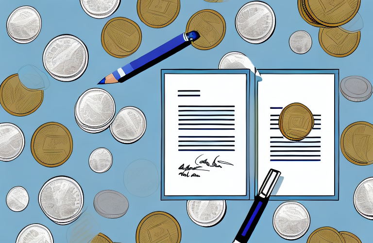 A contract with a pen and a stack of coins