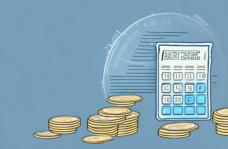 A stack of coins with a calculator and a graph in the background