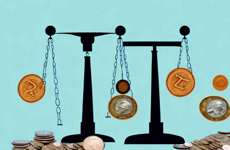 A balance scale with coins of different denominations to represent financial parity