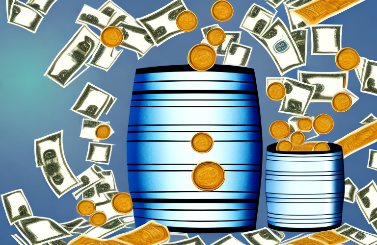 A barrel of oil with a stack of money beside it