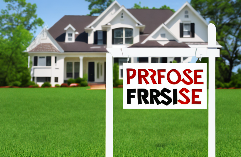 A house with a sign in the front yard that reads "pre-foreclosure"