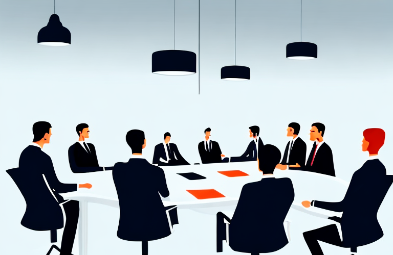 A corporate boardroom with a group of people in suits engaged in a heated discussion