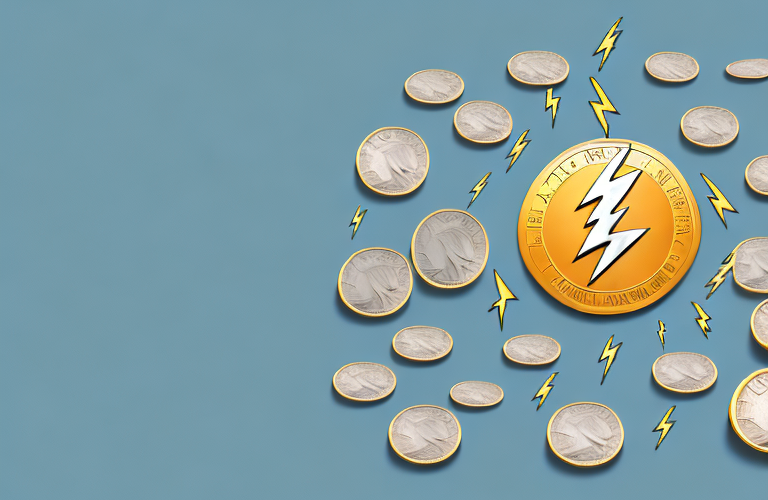 A large stack of coins with a lightning bolt above it