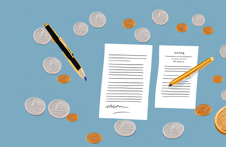 A stack of coins and a contract with a pen signing it