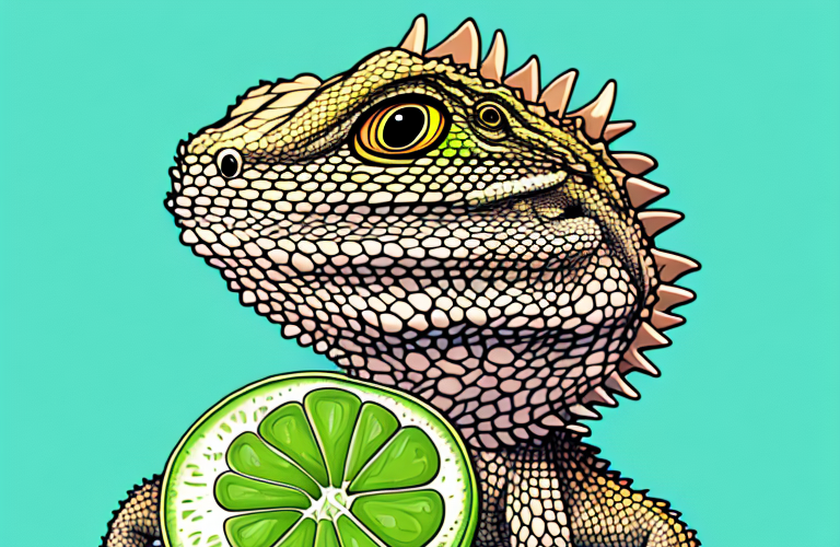 A bearded dragon eating a lime