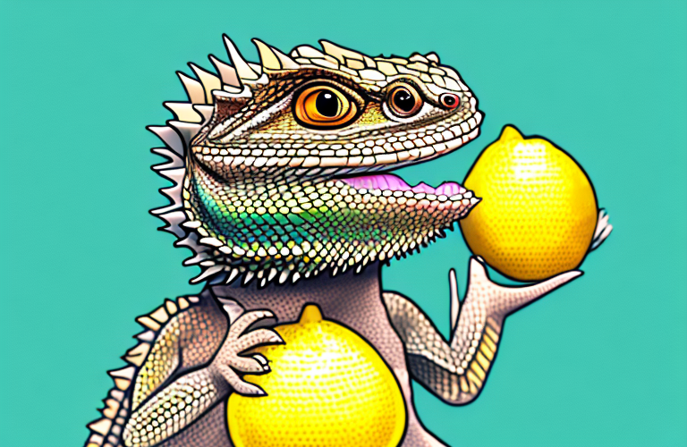 A bearded dragon eating a lemon