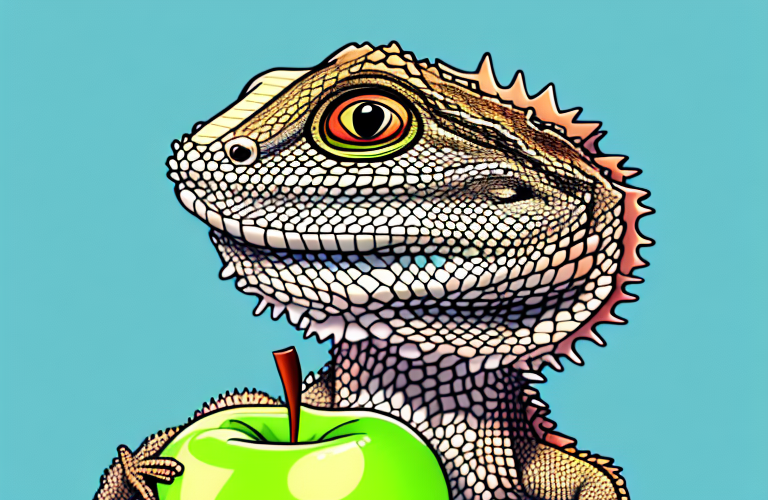 A bearded dragon eating an apple