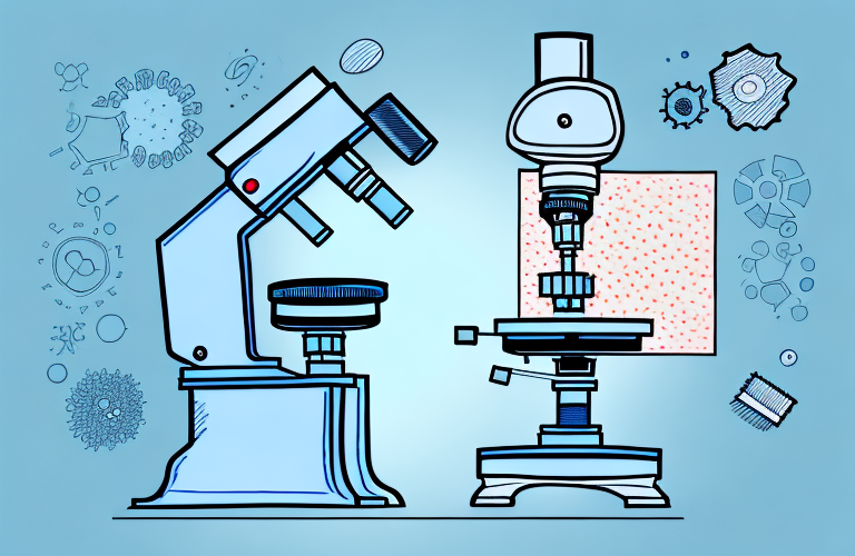 A microscope and a sample of tissue being examined