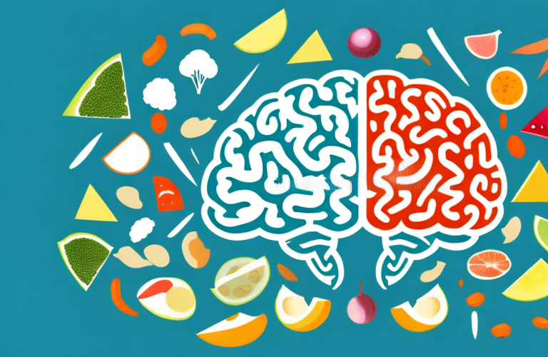 A brain with a variety of healthy foods surrounding it