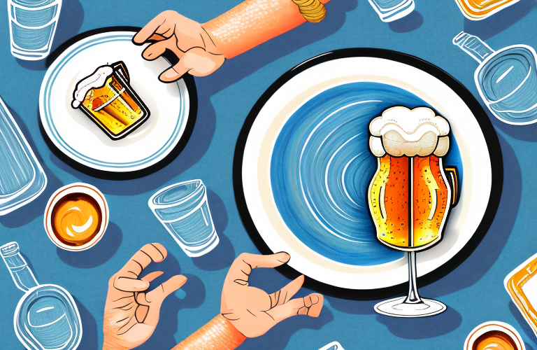 A glass of beer and a plate of food