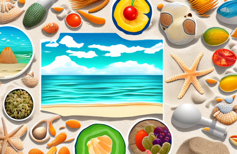 A beach with a variety of healthy food items scattered in the sand