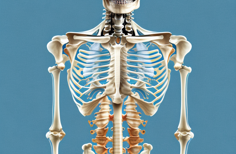 A human skeleton with a few bones highlighted to represent the effects of osteoporosis