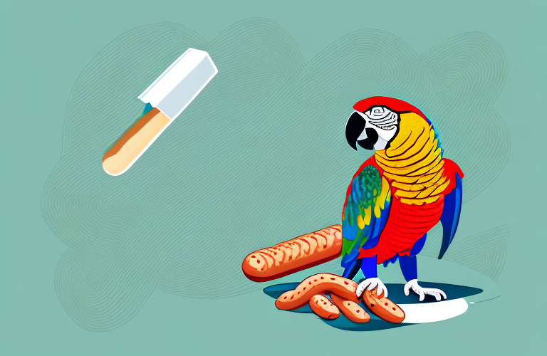A parrot eating a sausage