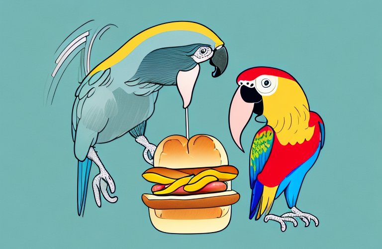 A parrot eating a hot dog