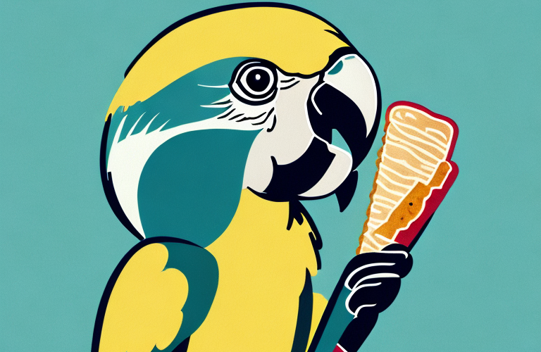 A parrot holding a baguette in its beak