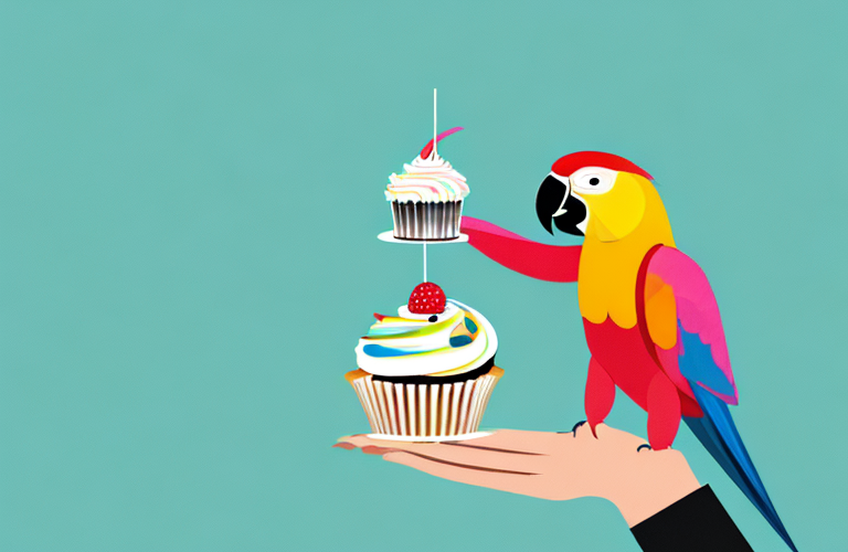 A parrot eating a cupcake