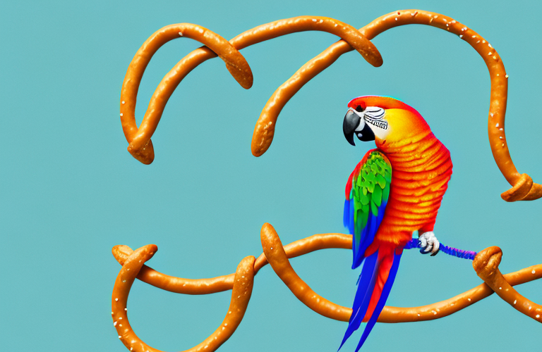 A parrot eating a pretzel