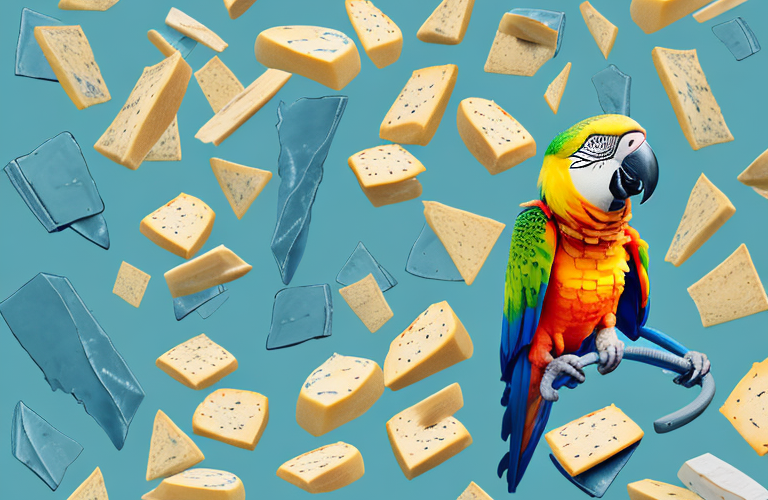 A parrot eating a piece of jarlsberg cheese