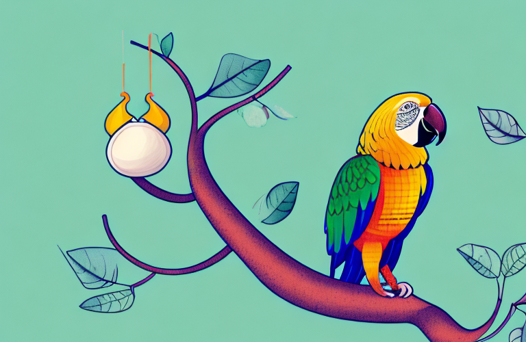 A parrot perched on a branch with an acorn in its beak