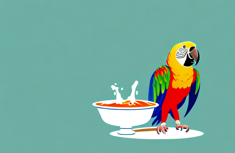 A parrot eating ketchup from a bowl