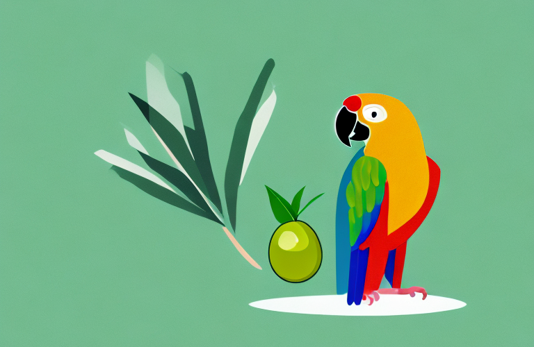 A parrot holding a green olive in its beak