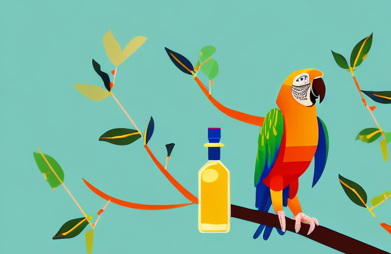 A parrot perched on a branch with a bottle of syrup nearby