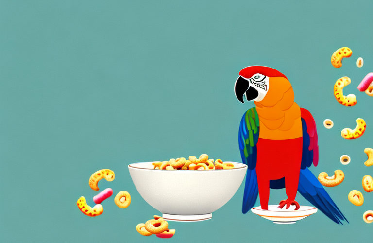 A parrot eating a bowl of cheerios