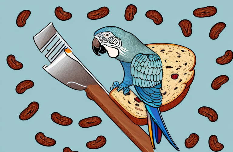 A parrot eating a slice of raisin bread