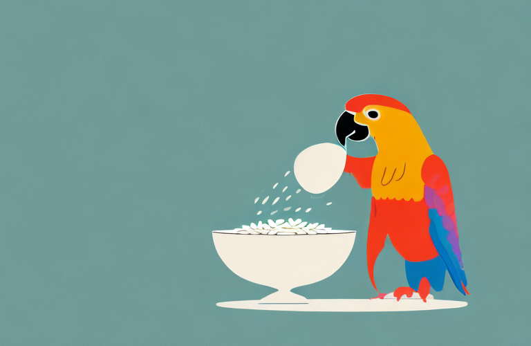A parrot eating a bowl of cooked rice