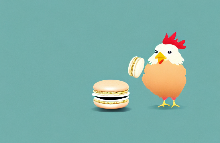 A chicken eating a macaron
