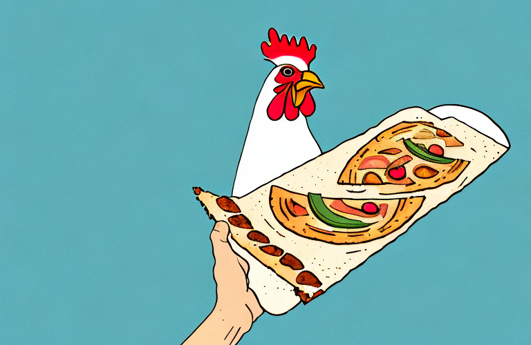 A chicken eating a piece of flatbread