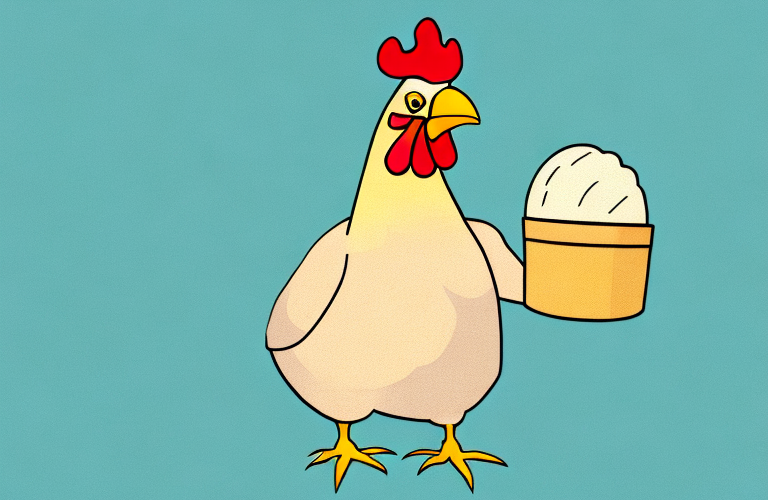 A chicken holding a baguette in its beak
