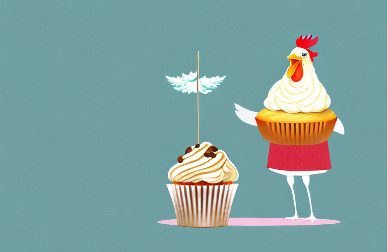 A chicken eating a cupcake