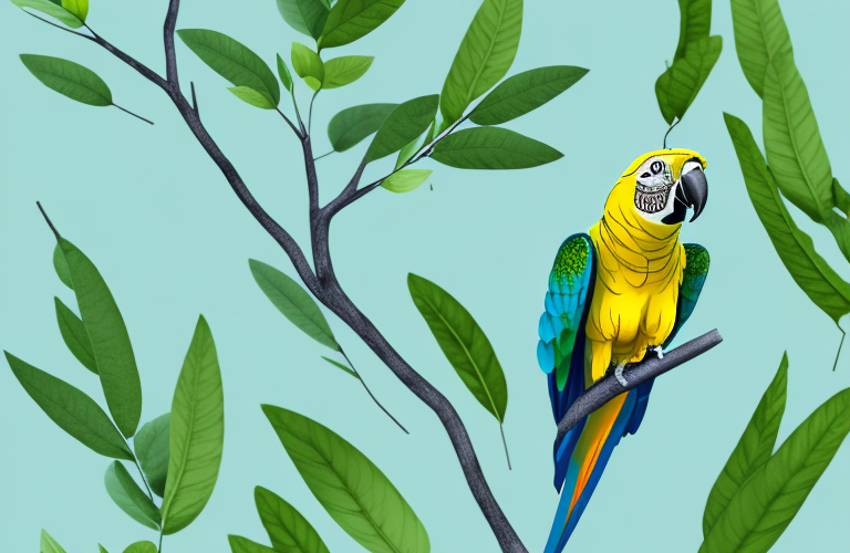 A parrot perched on a branch of a lemon verbena plant