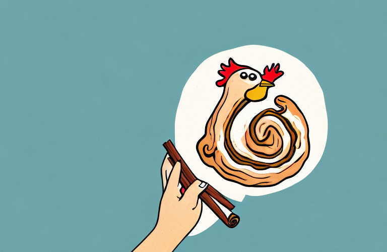 A chicken eating a cinnamon roll