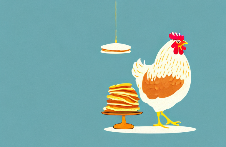 A chicken eating a pancake