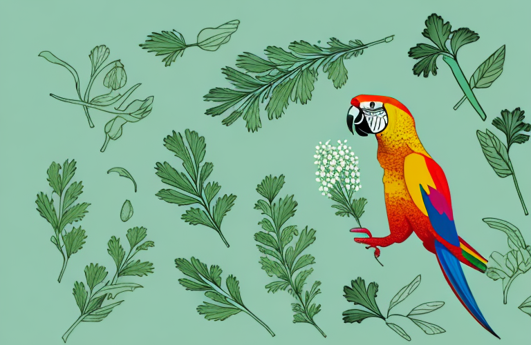 A parrot eating a sprig of cilantro