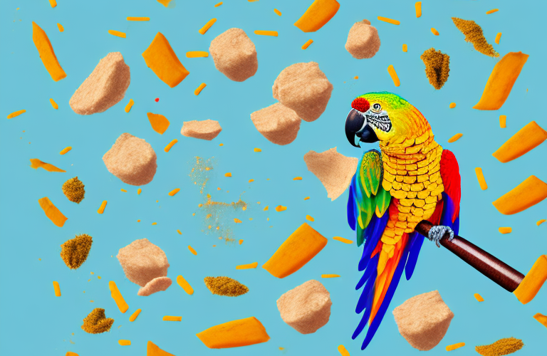 A parrot eating a piece of asafoetida