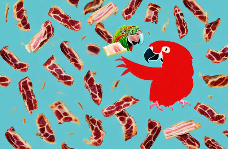 A parrot eating a piece of turkey bacon