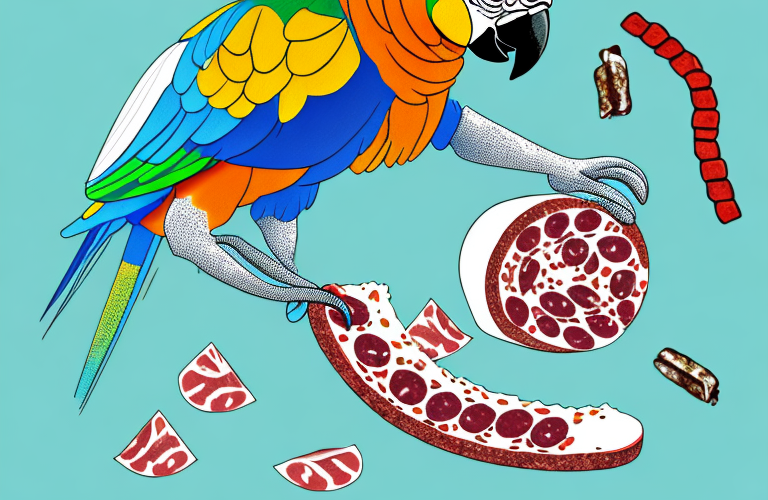 A parrot eating salami
