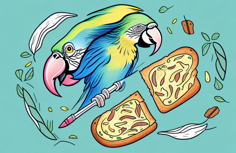 A parrot eating garlic bread