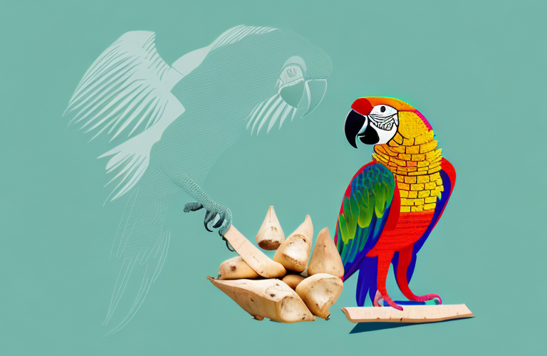 A parrot eating a piece of cassava