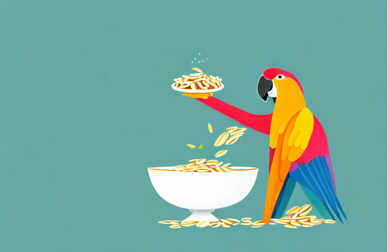 A parrot eating oats from a bowl