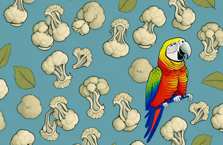 A parrot eating cauliflower