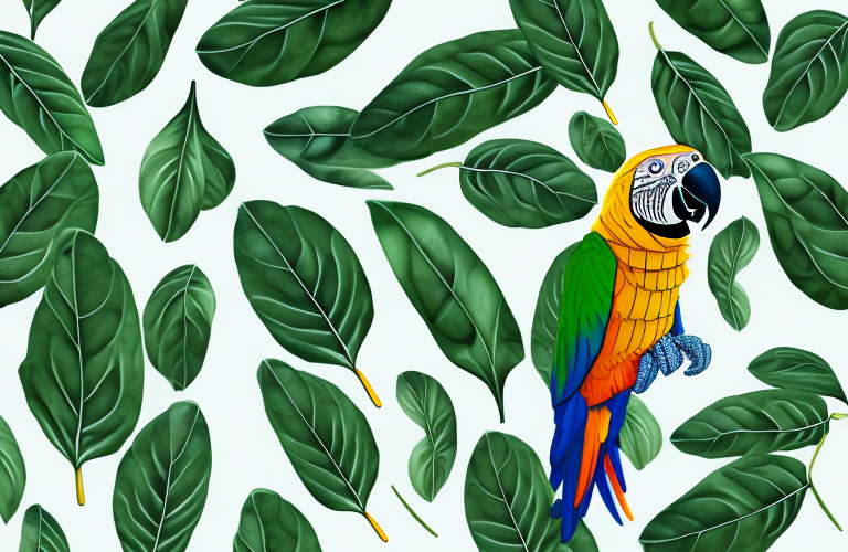 A parrot eating a spinach leaf