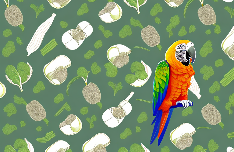 A parrot eating kohlrabi greens